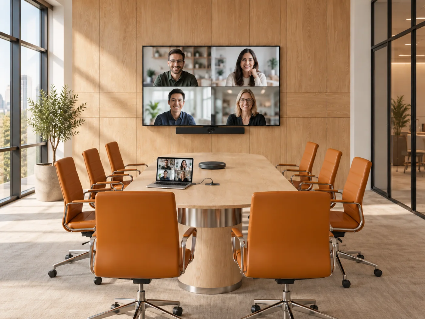 Moderner Konferenzraum mit Videokonferenz auf großem Display (Symbolfoto)