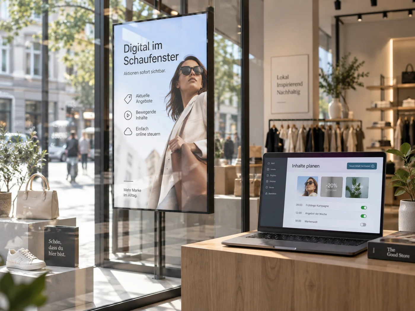 Digitales Werbedisplay im Schaufenster mit Inhaltsplanung am Laptop (Symbolfoto)