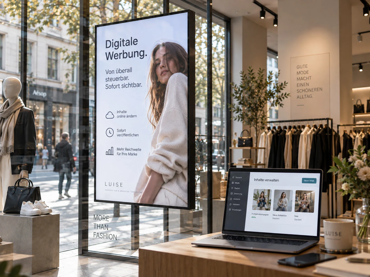 Digitale Werbedisplays im Schaufenster eines Modegeschäfts