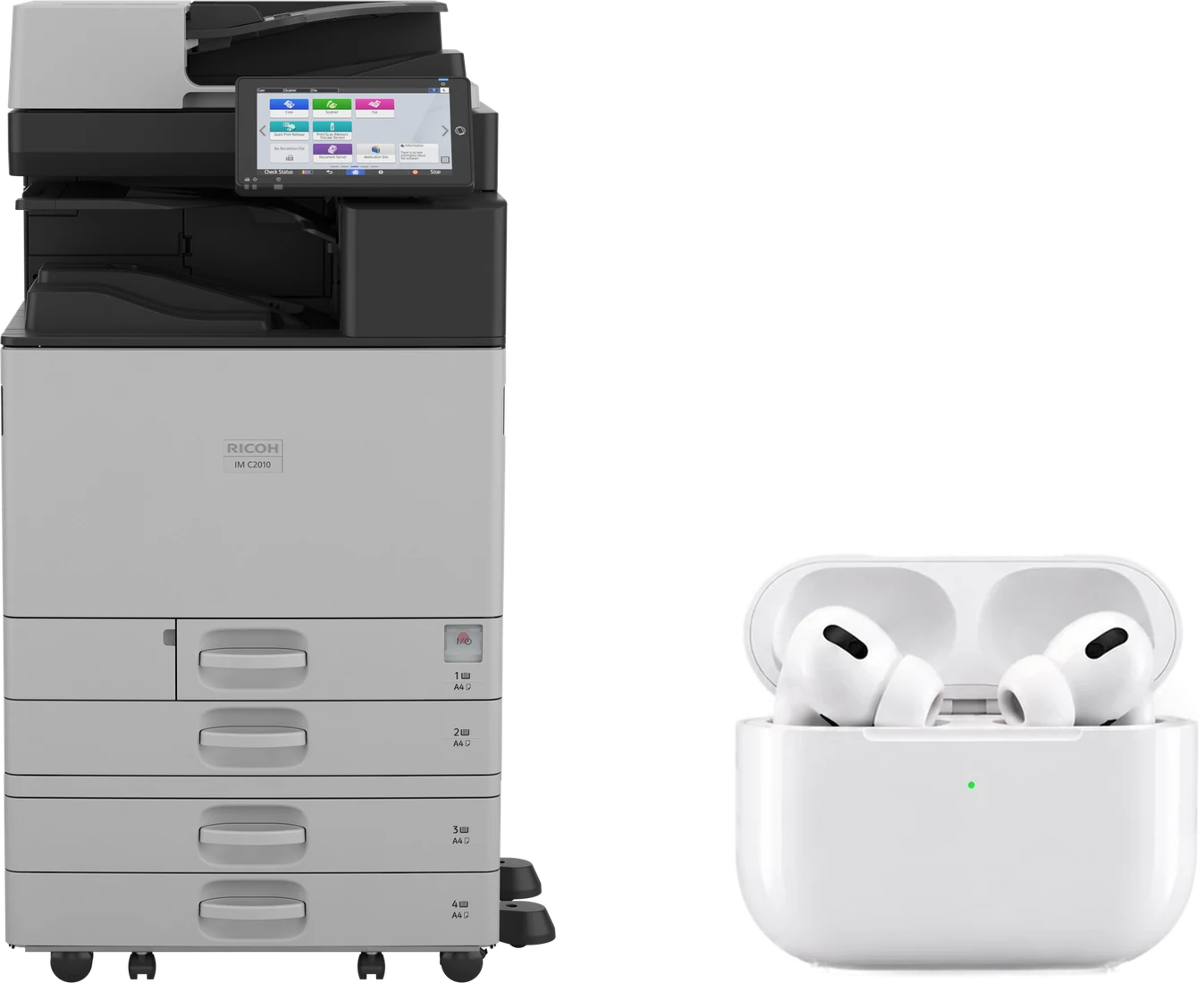 Ricoh IM C2010 Multifunktionssystem plus Apple AirPods Pro 3 (Symbolfoto)